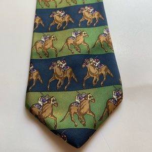 Embassy Square 100% silk Repp necktie tie green & blue horse racing design